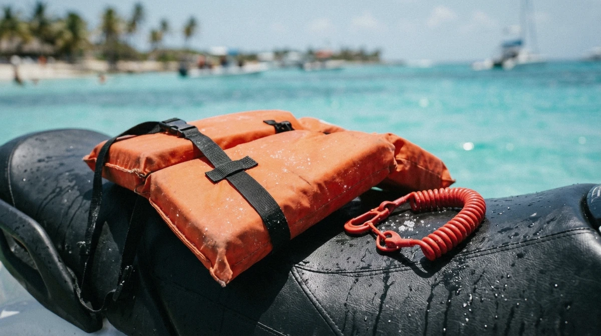 Coast Guard approved life jacket and kill-switch lanyard on a jet ski, the equipment required for jet ski rental in Puerto Rico