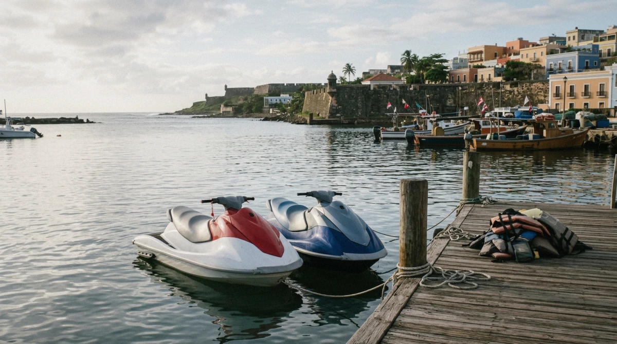 Jet skis moored at a pier inside San Juan harbour ready for a jet ski rental in San Juan, Puerto Rico