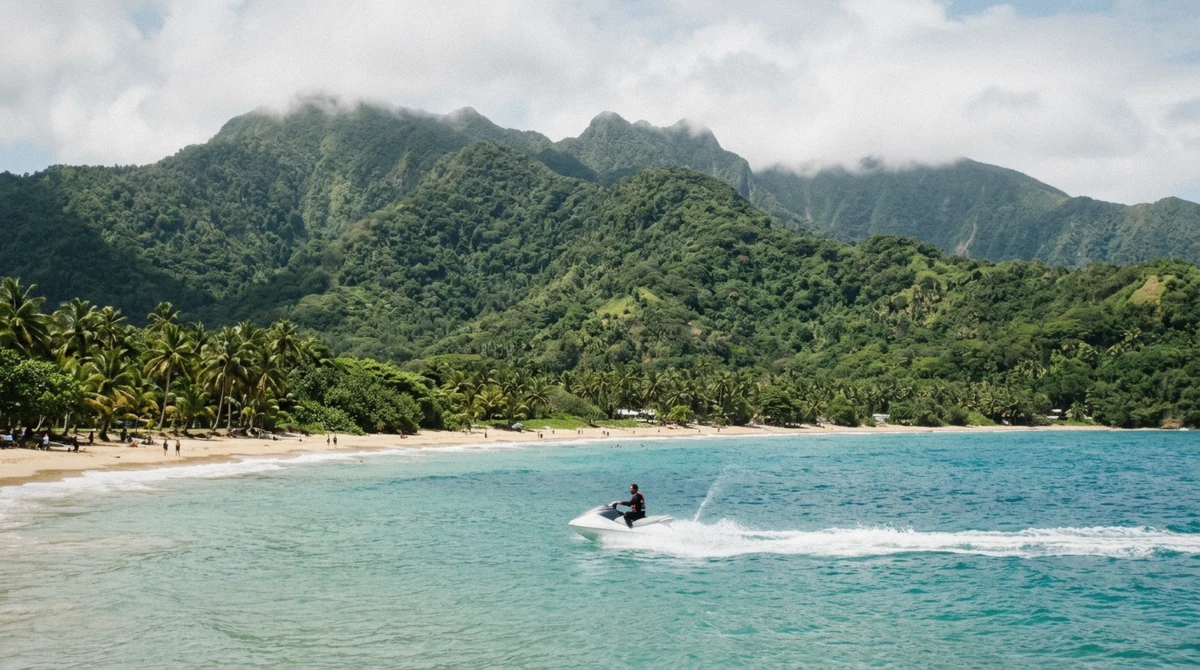 Jet ski running past Luquillo beach with the El Yunque rainforest ridge behind it on a jet ski rental in Puerto Rico