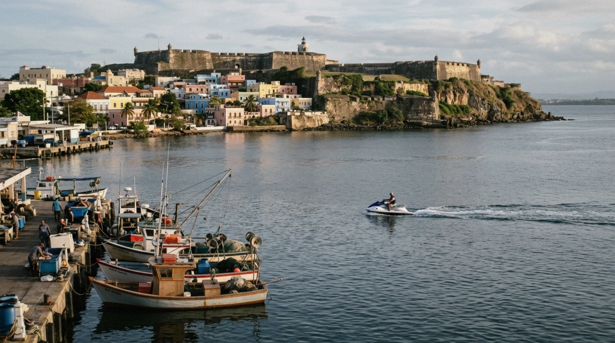 Jet ski crossing San Juan Bay below the old city walls on a jet ski rental in Puerto Rico